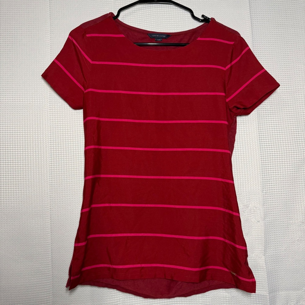 Tommy Hilfiger T-Shirt Red Pink Striped Mixed Media Short Sleeve Preppy XS